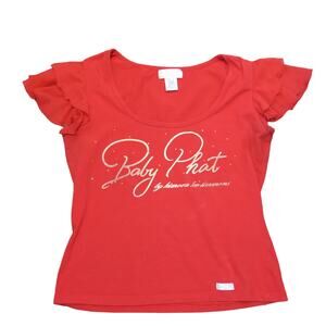 BABY PHAT Flutter Sparkle Top Size L Girls Ruffle Sleeve Gold Red Y2K Hip Hop